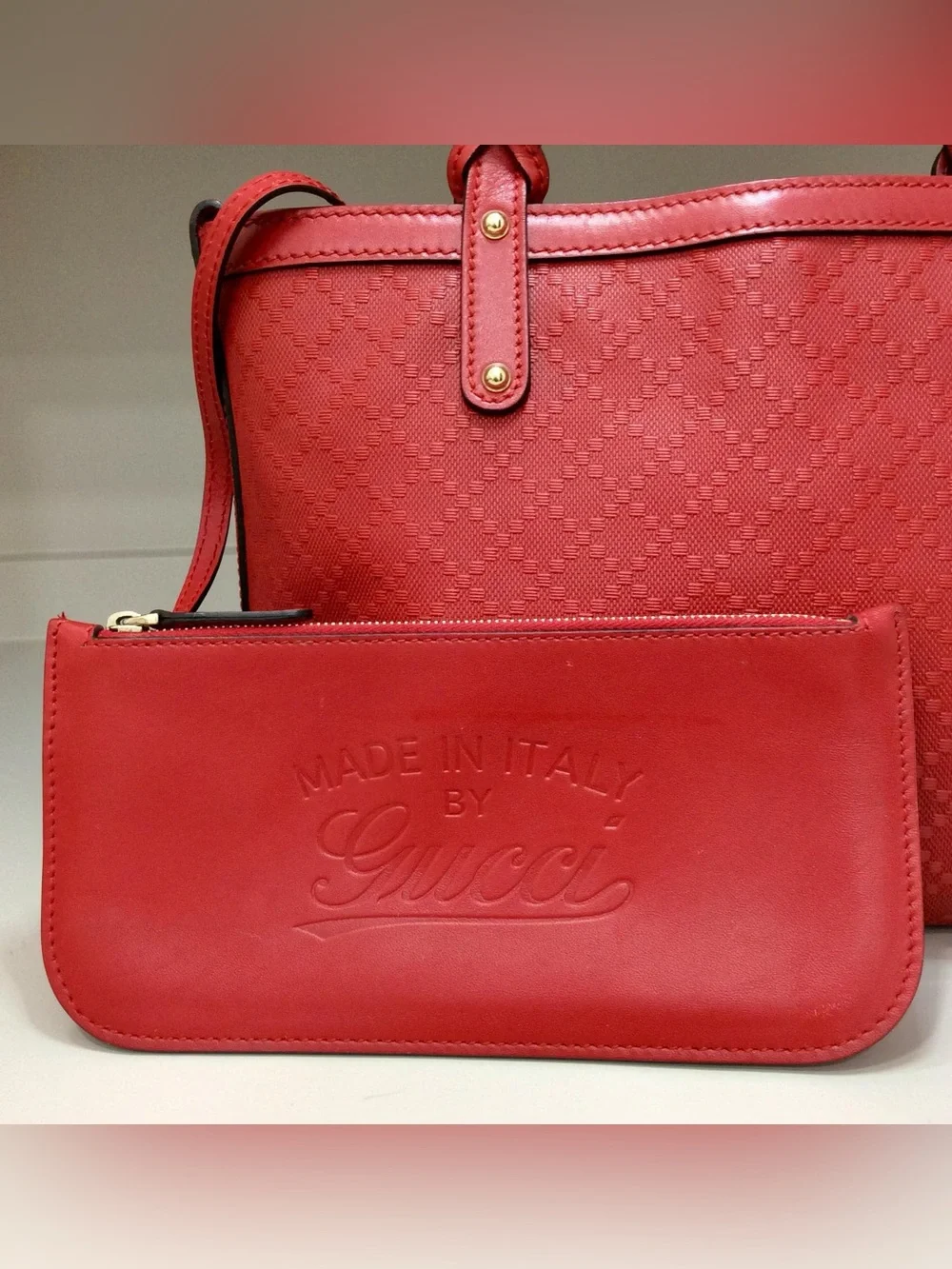 Authentic Gucci Small Diamante Craft Tote Canvas Leather with Pouch Red Bag